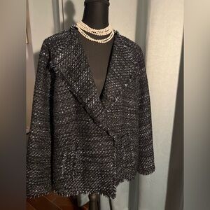 Talbots Black White Blue Metallic-Thread Tweed One-Button Blazer Jacket 14W